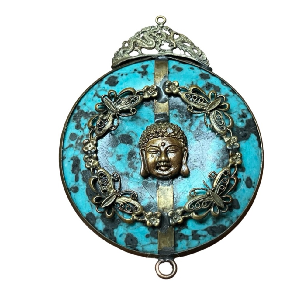 Rare Turquoise Pendant with Buddha and Butterfly Accents - Picture 2 of 6